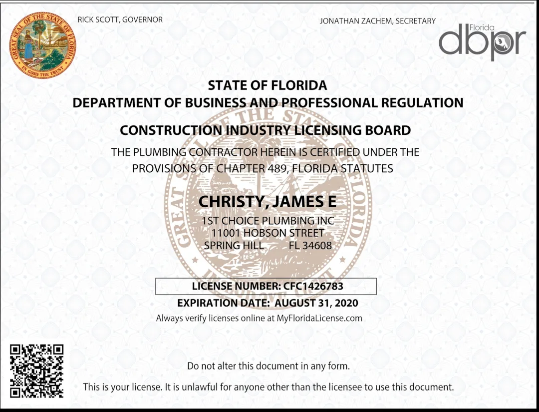 Florida contractor certification document for 1st Choice Plumbing