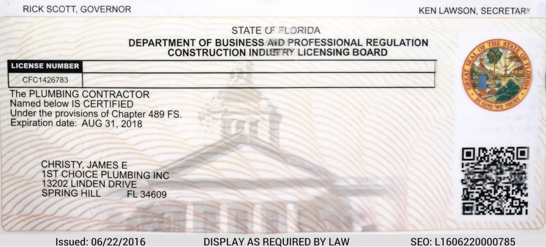 Florida contractor certification document for 1st Choice Plumbing
